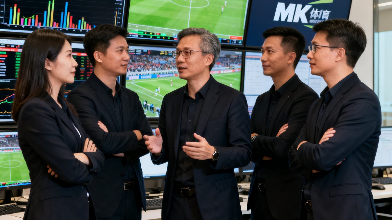 mk体育核心团队在深圳总部办公室合影，背景为多块赛事数据监控屏幕，团队成员神情专注讨论数据方案，展现专业严谨的工作氛围