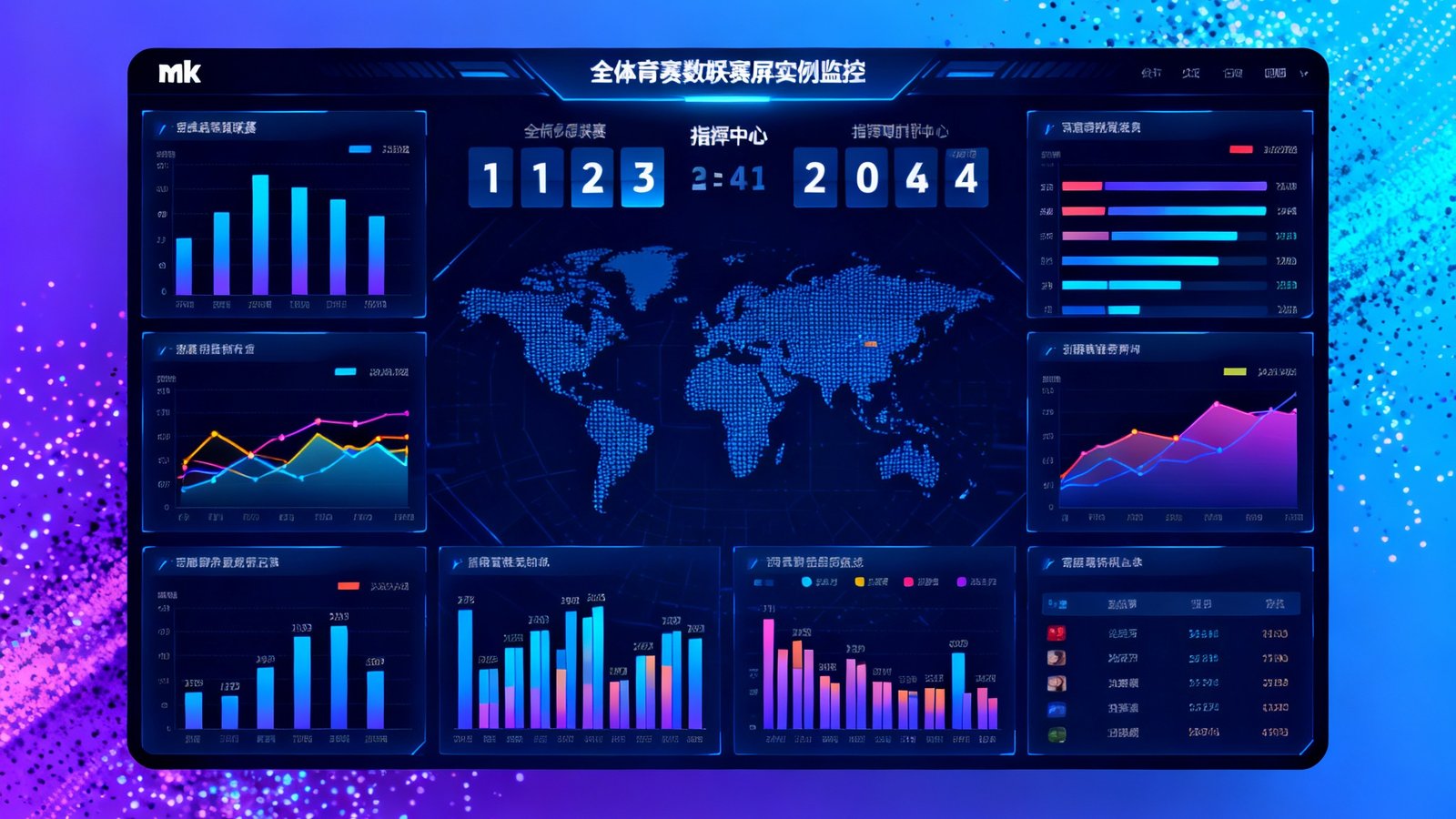 mk体育赛事数据大屏实时监控界面，展示全球各大联赛比分跳动与数据可视化图表，科技感十足的数据指挥中心画面